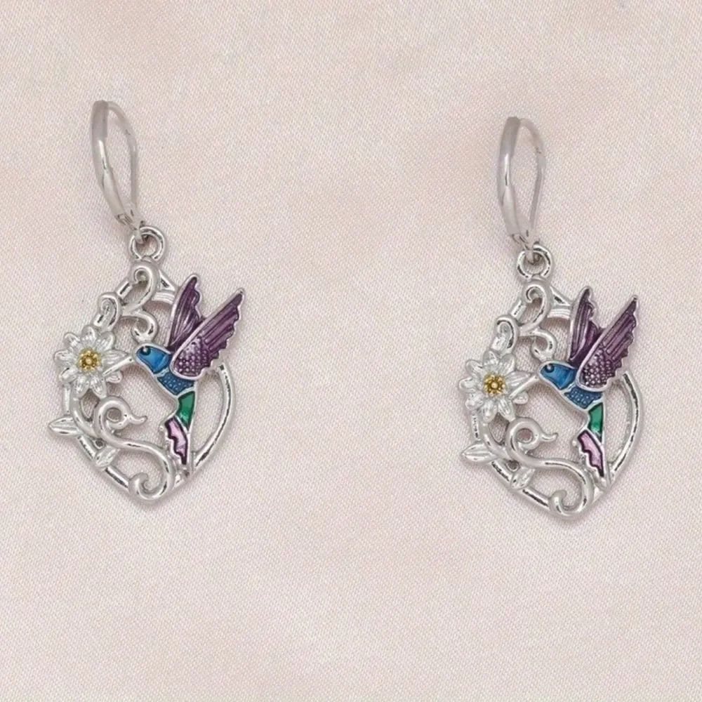 Silver and Purple Hummingbird Earrings A1421
